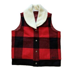 Woolrich Buffalo Plaid Vest with Sherpa Shawl Collar Red/Black Wool Blend